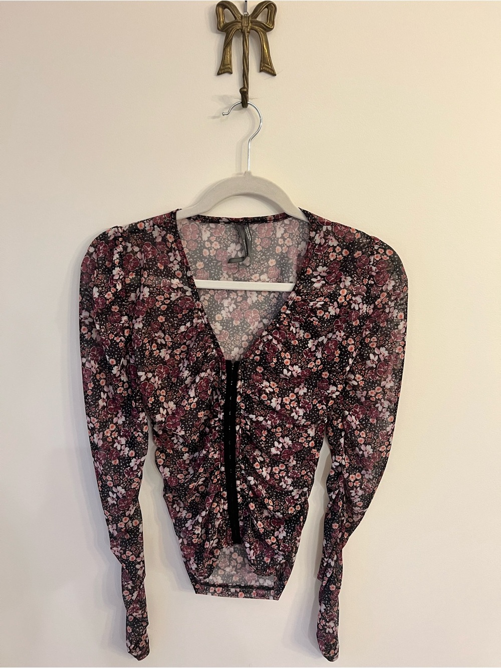 Anthropologie Dark Floral Mesh Ruched Long Sleeve Top Y2K Romantic Goth XXS